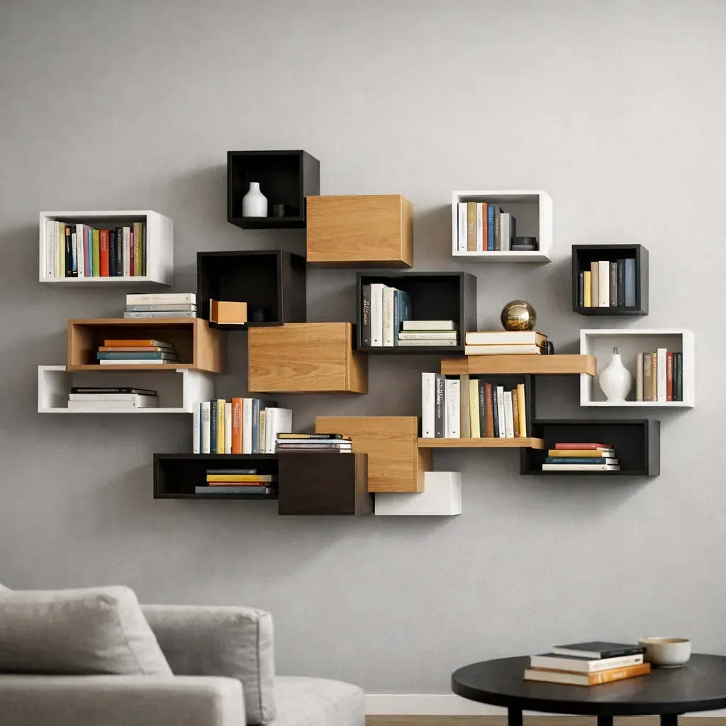 Floating geometric bookshelf installation