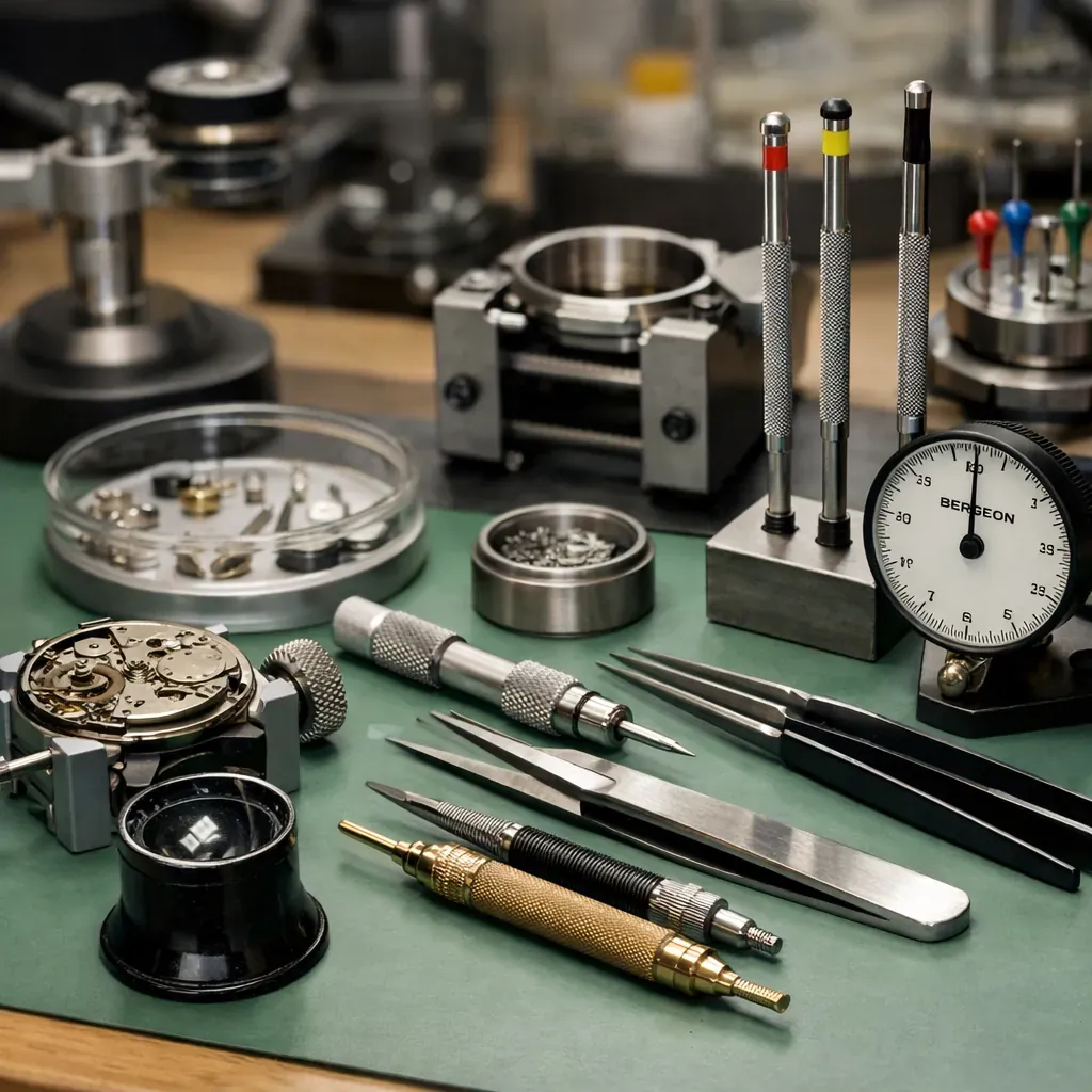 Watchmaker tools and precision instruments on a bench