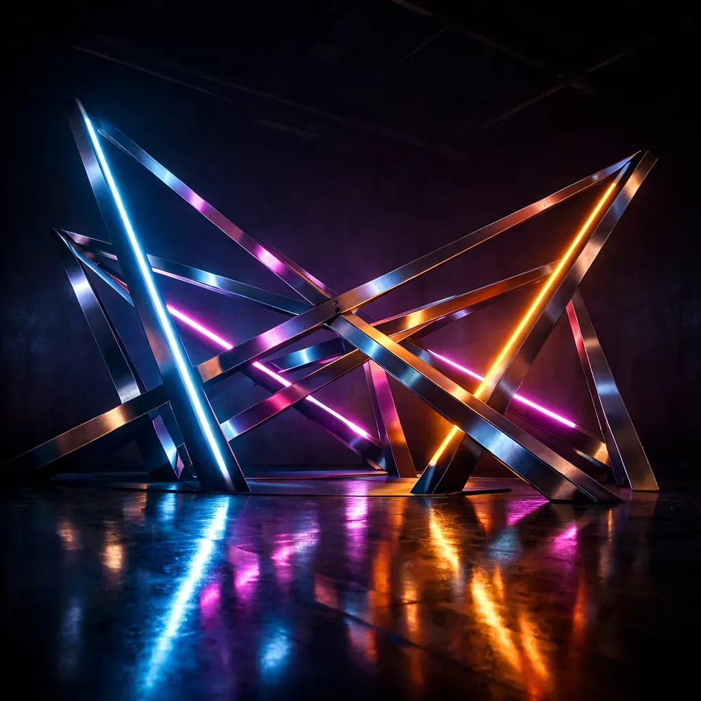 Abstract neon and metal structure in dark room