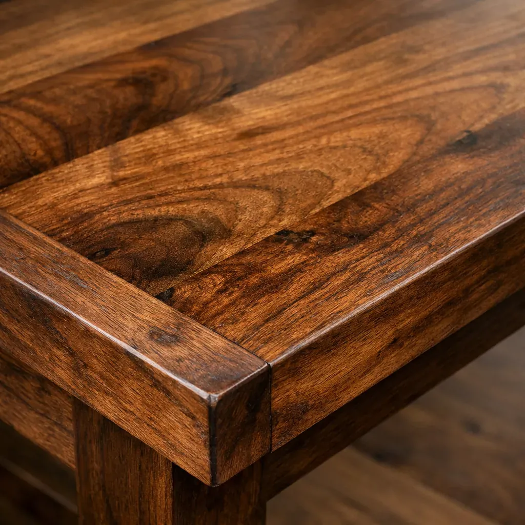 Close up of a bespoke wooden table surface