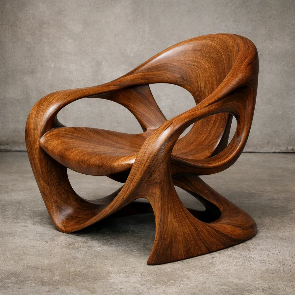 Sculptural wooden chair with curved elements