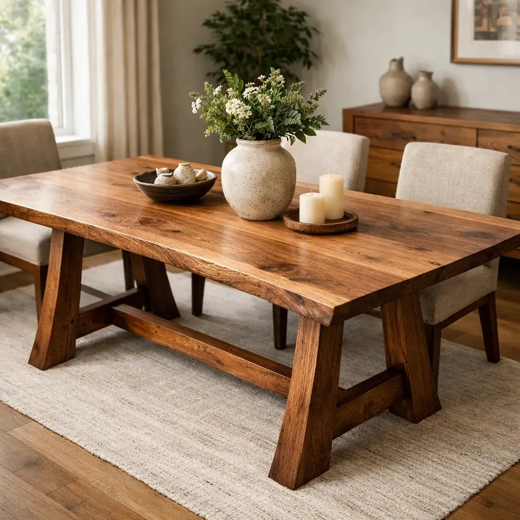 Handcrafted wooden dining table in a well lit room