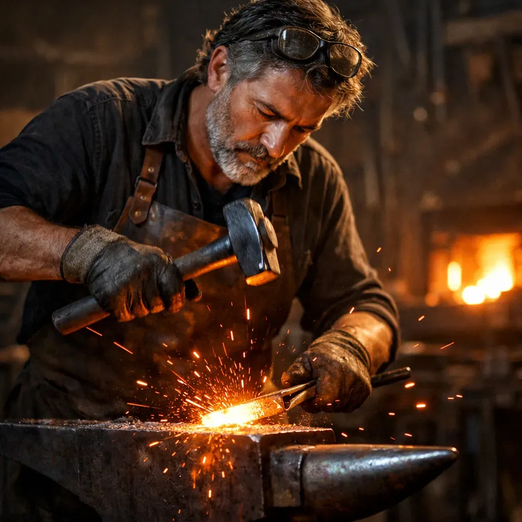 Master craftsman working with metal and glowing light
