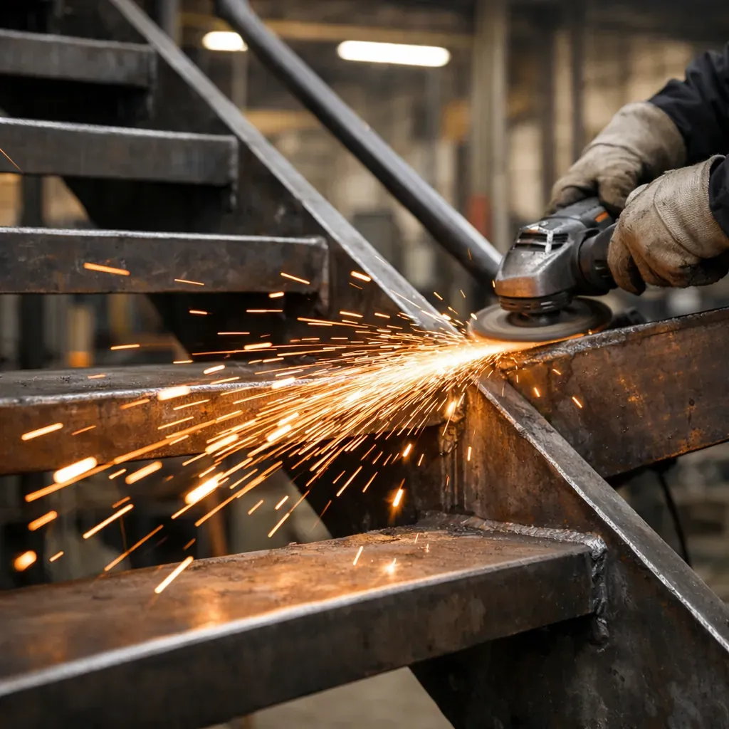 Sparks flying from grinding structural steel staircase