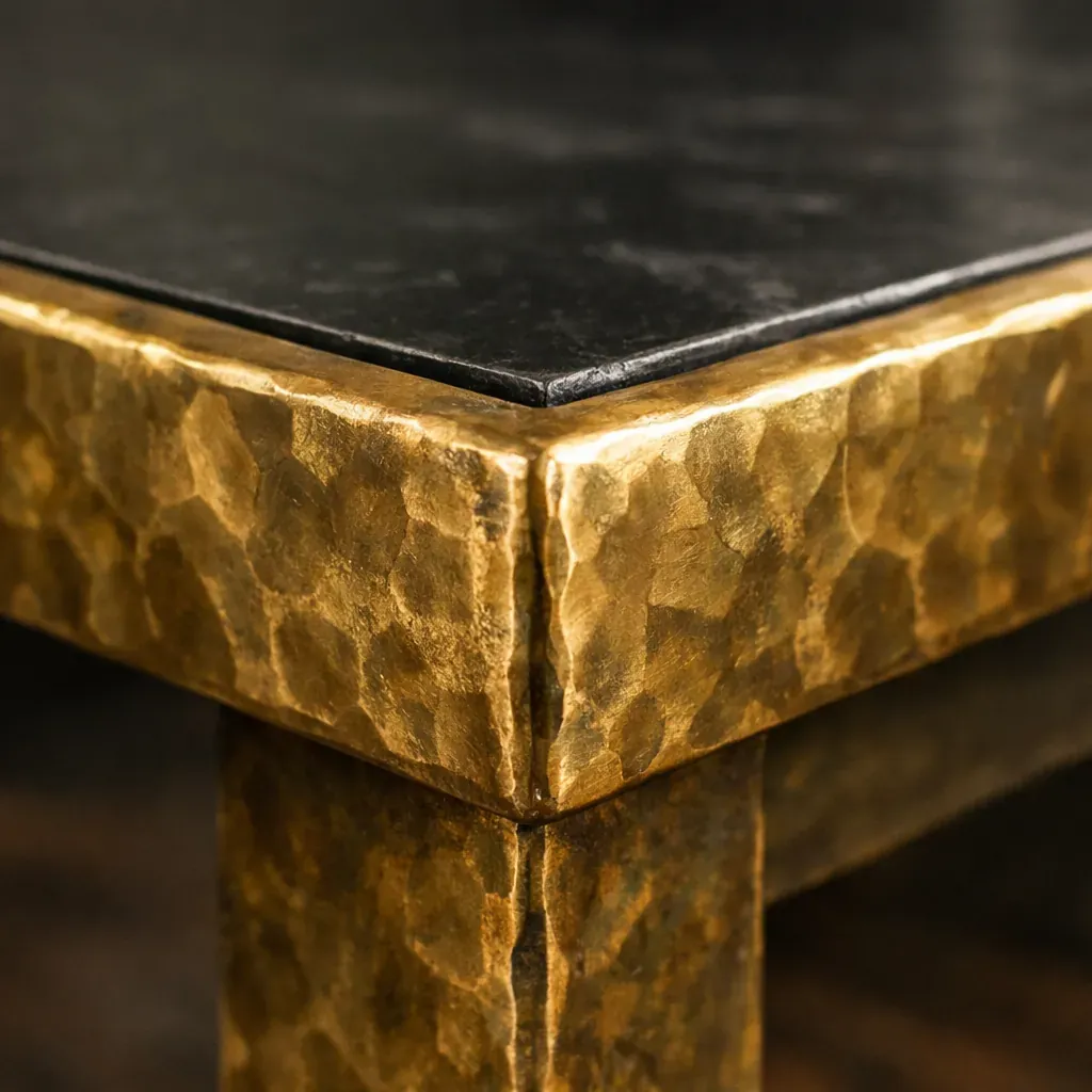 Close up of a forged brass table edge