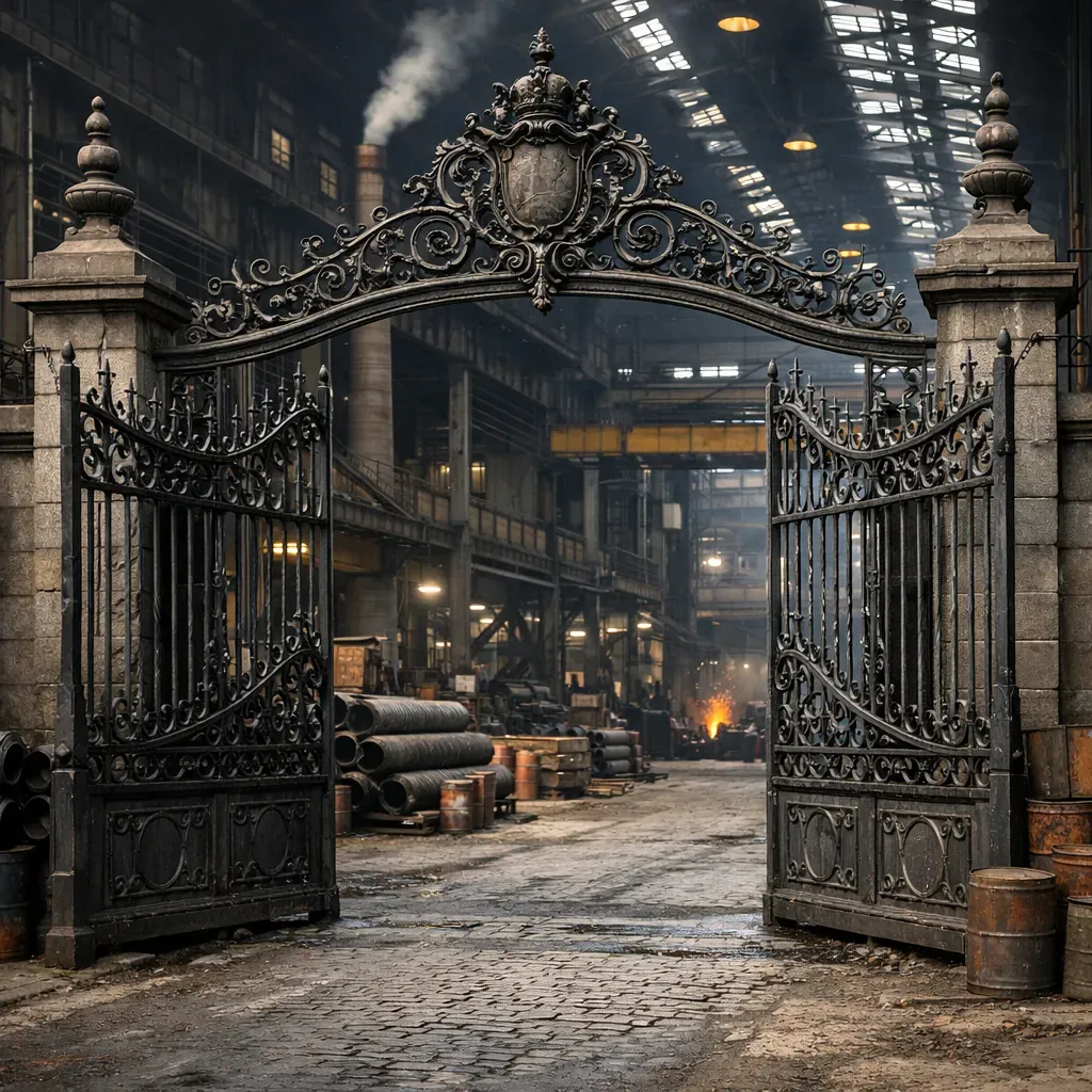 Industrial factory setting with historical iron gates