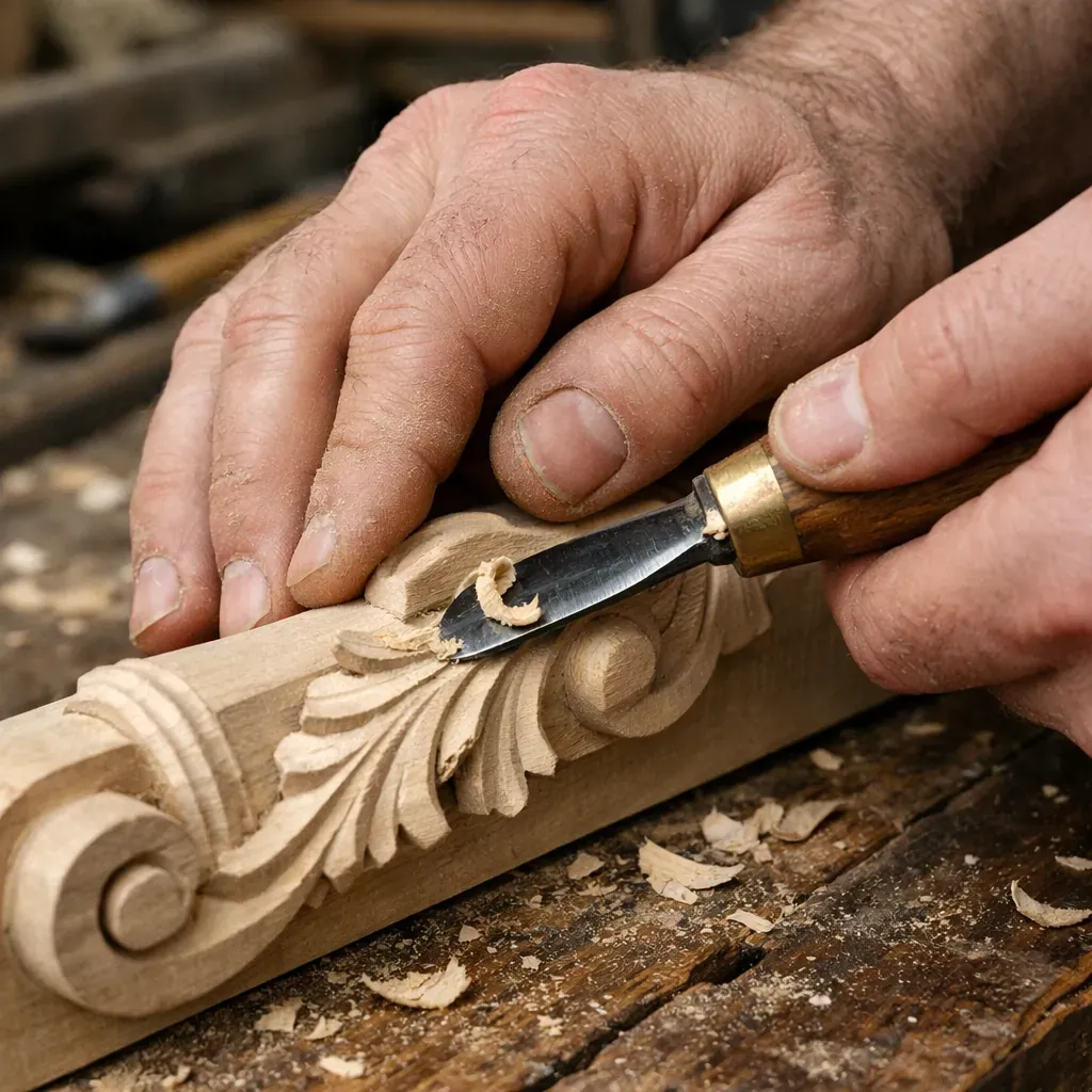 Woodworker hands carving detail