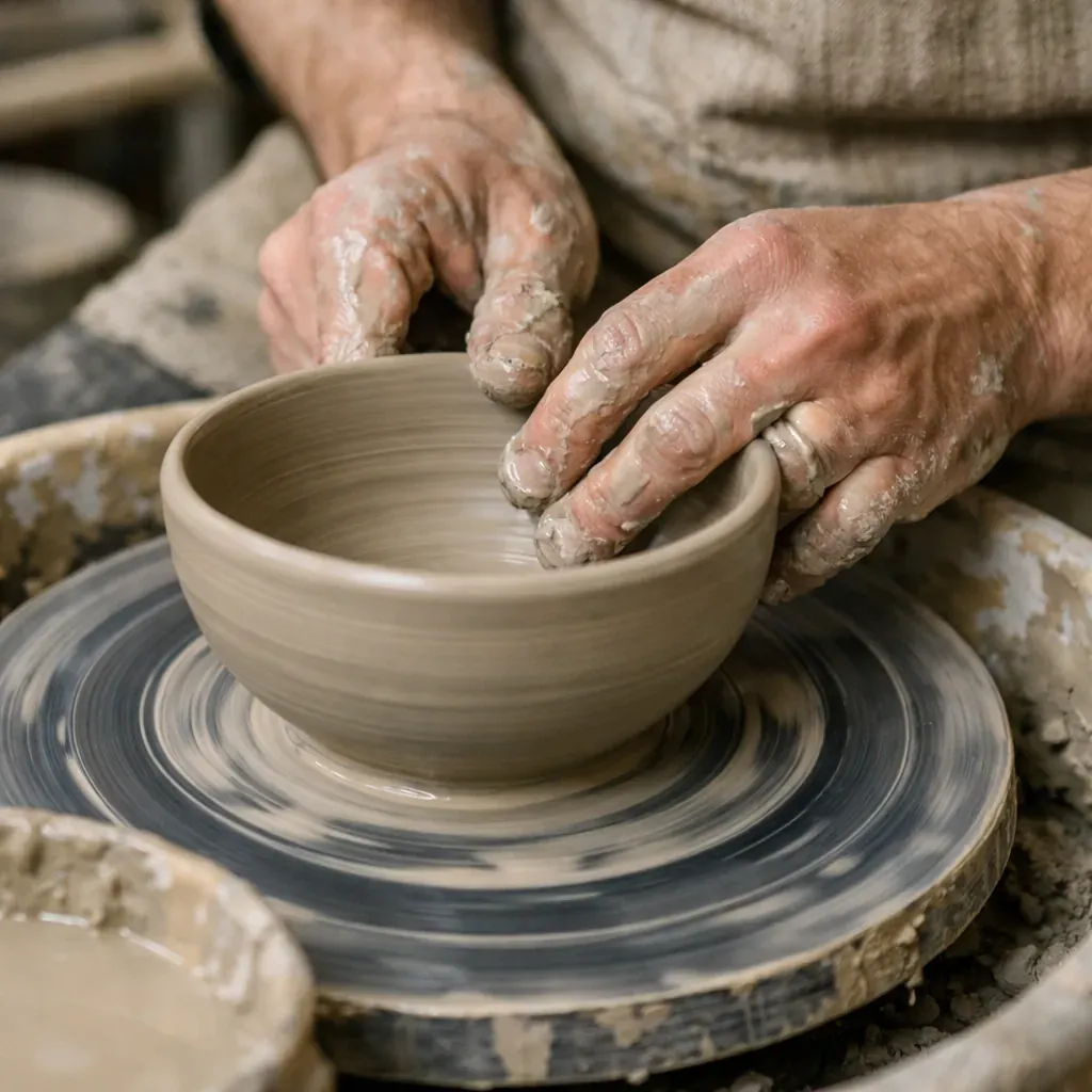 Artisan hands shaping a clay bowl on a pottery wheel