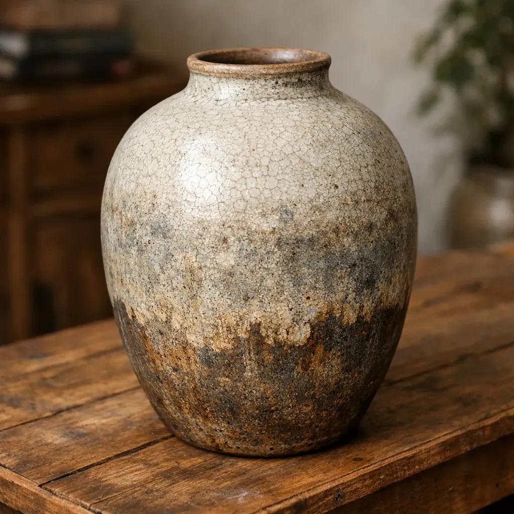 Large textured ceramic vase on a wooden table