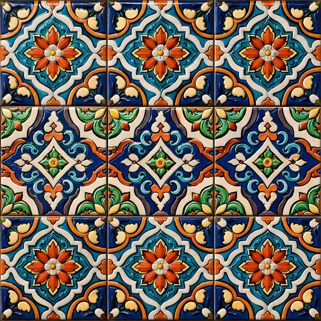 Intricate handmade ceramic tiles on a wall