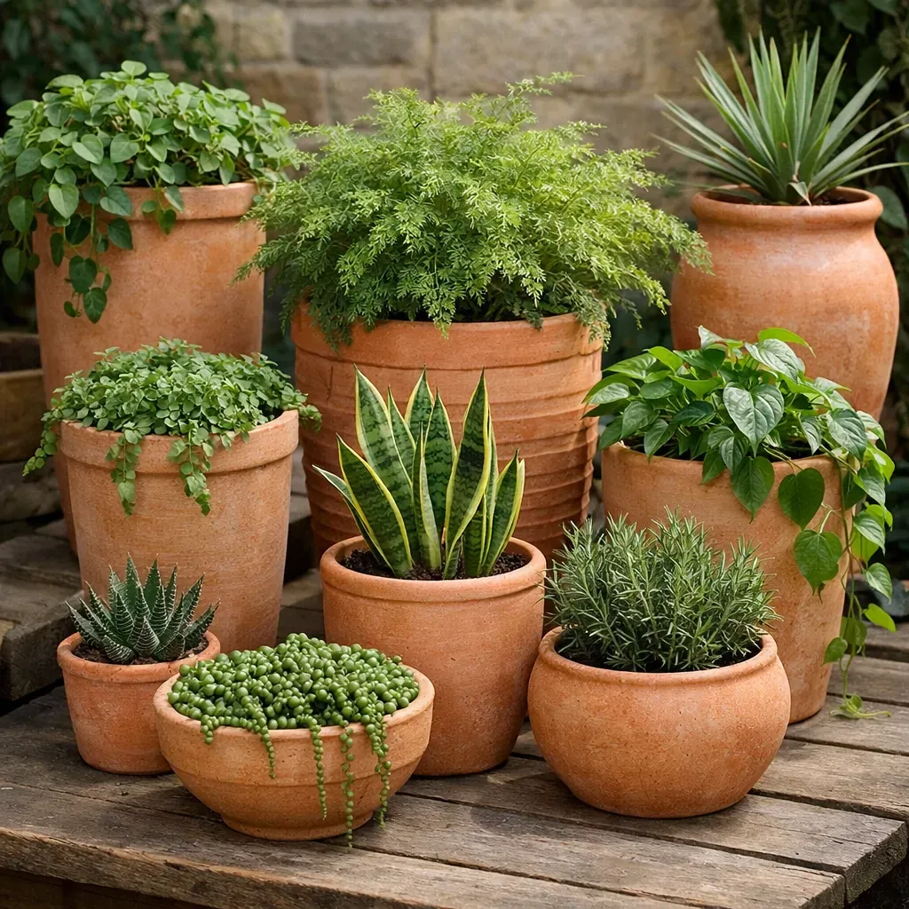 Collection of terracotta planters with greenery