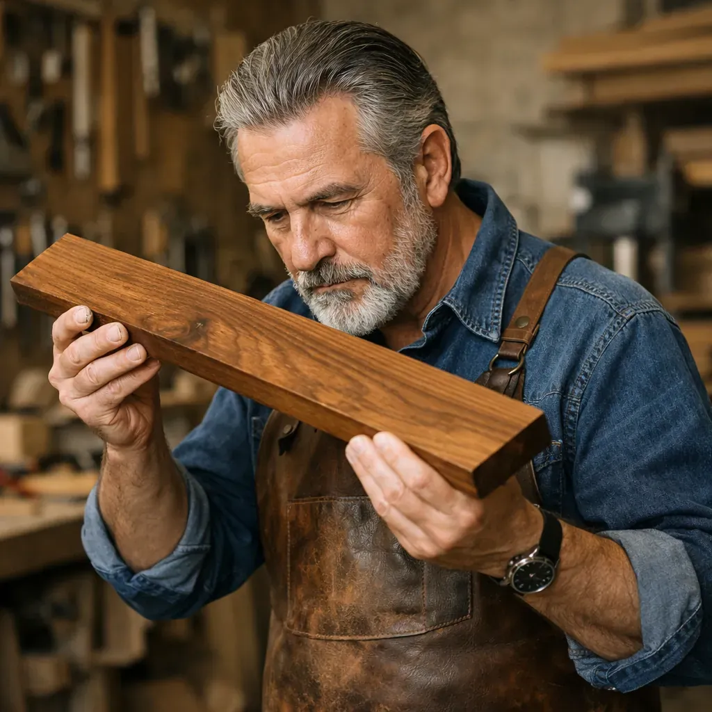 Master woodworker inspecting a piece of fine timber in a workshop