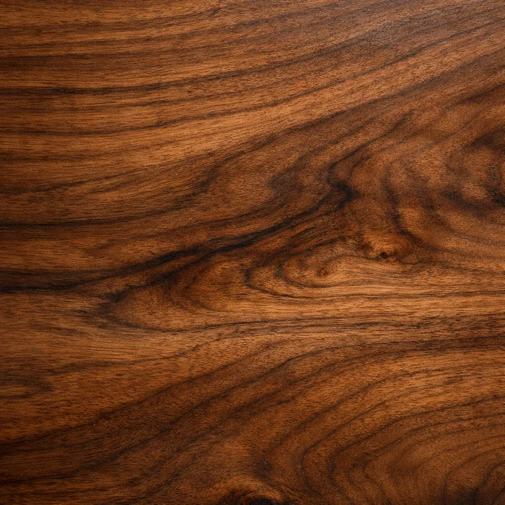 Close up of a polished walnut wood surface with grain detailing