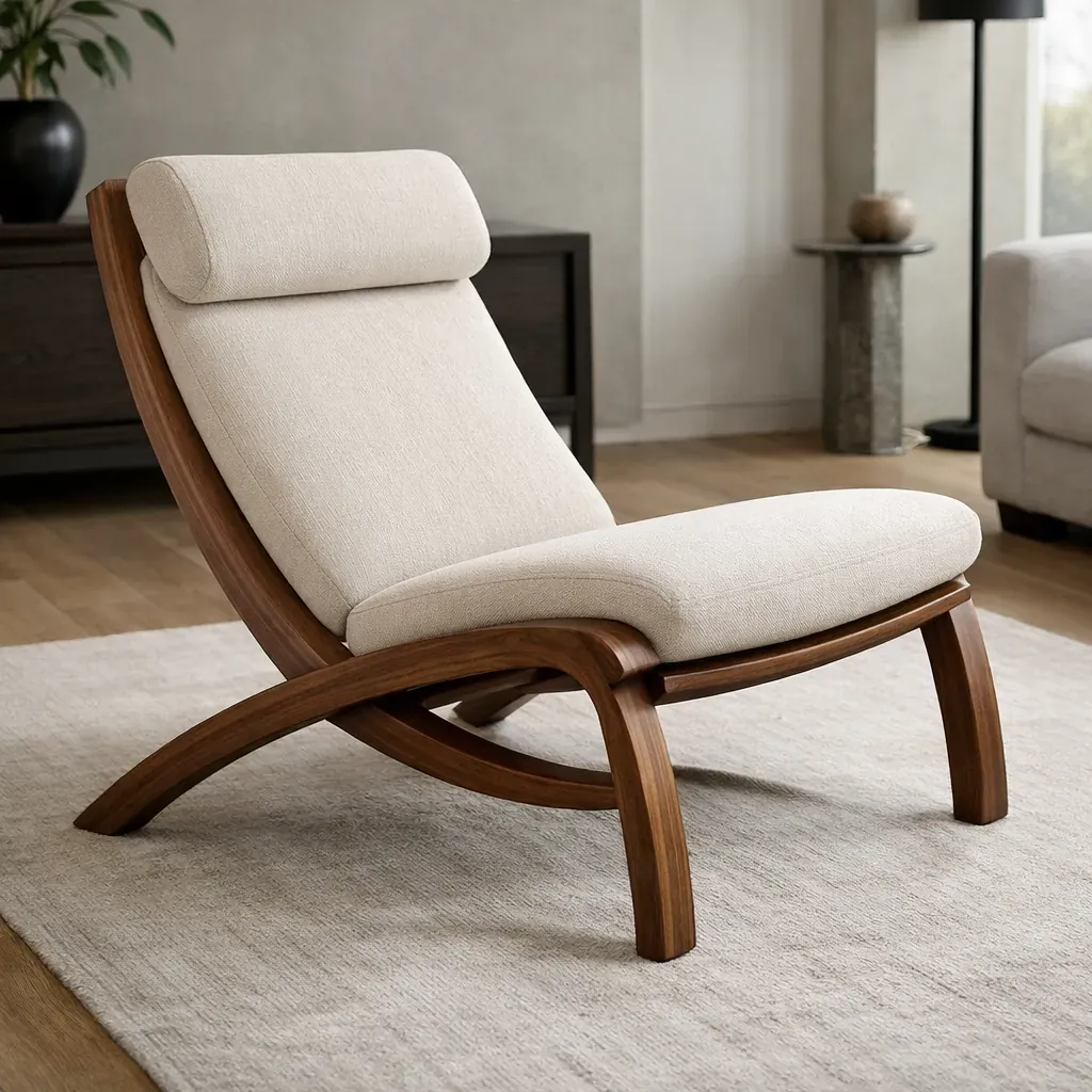 Modern wooden lounge chair with curved frame