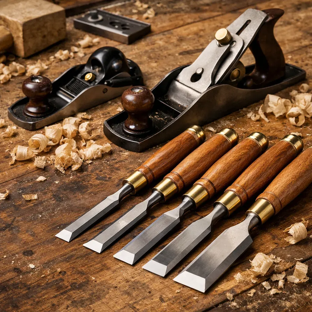 Woodworking chisels and hand planes on a workbench