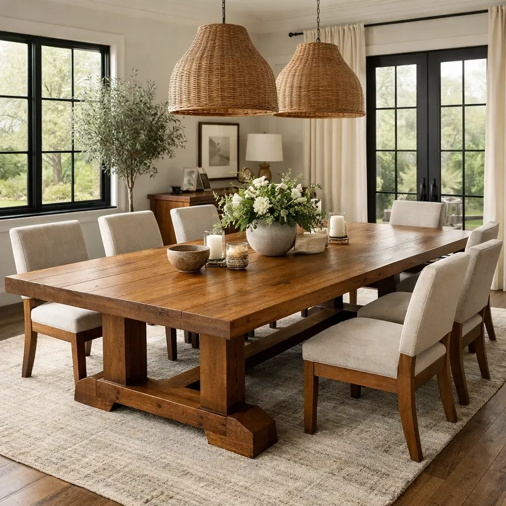 Large wooden dining table in a well-lit room