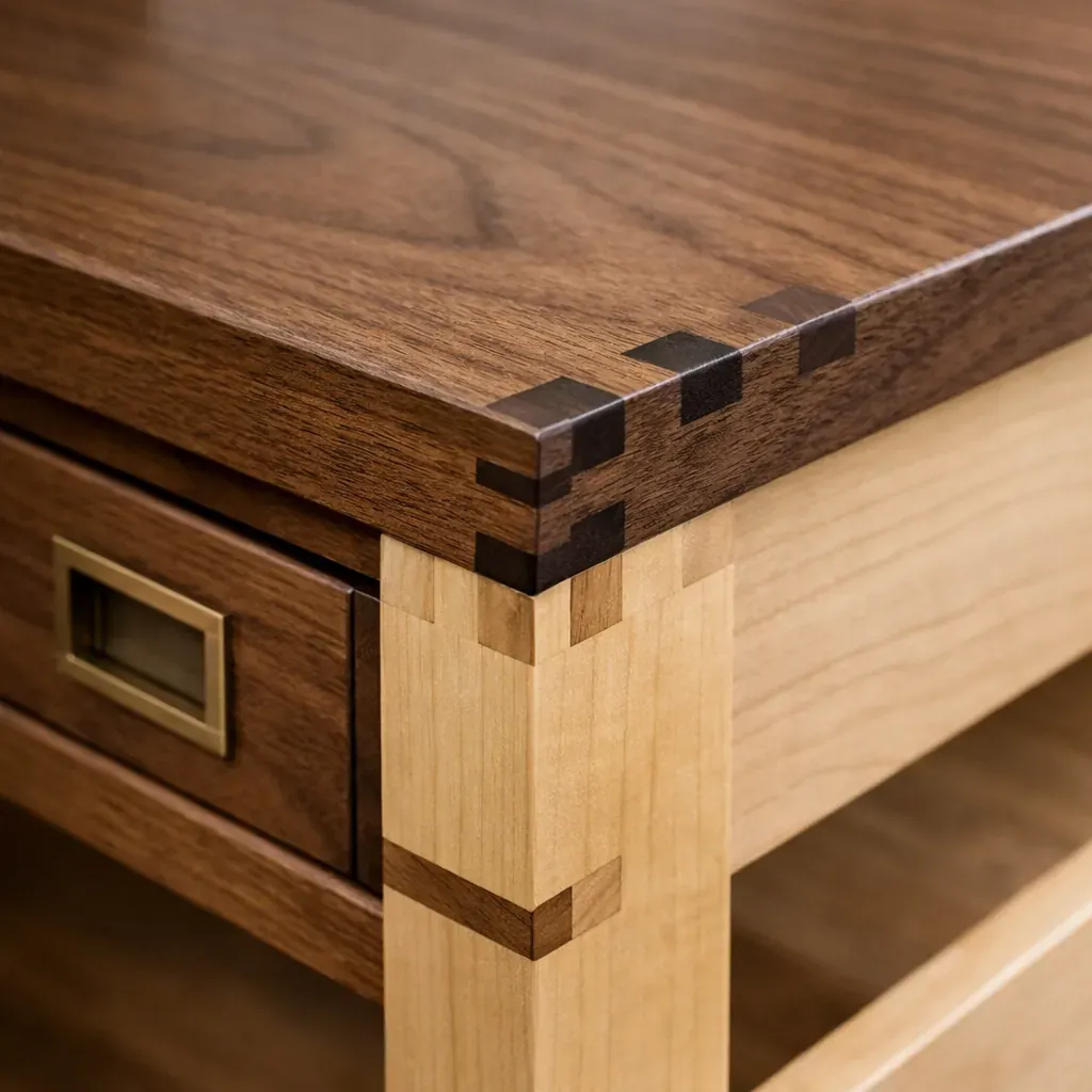 Close up of fine woodworking joints on a desk