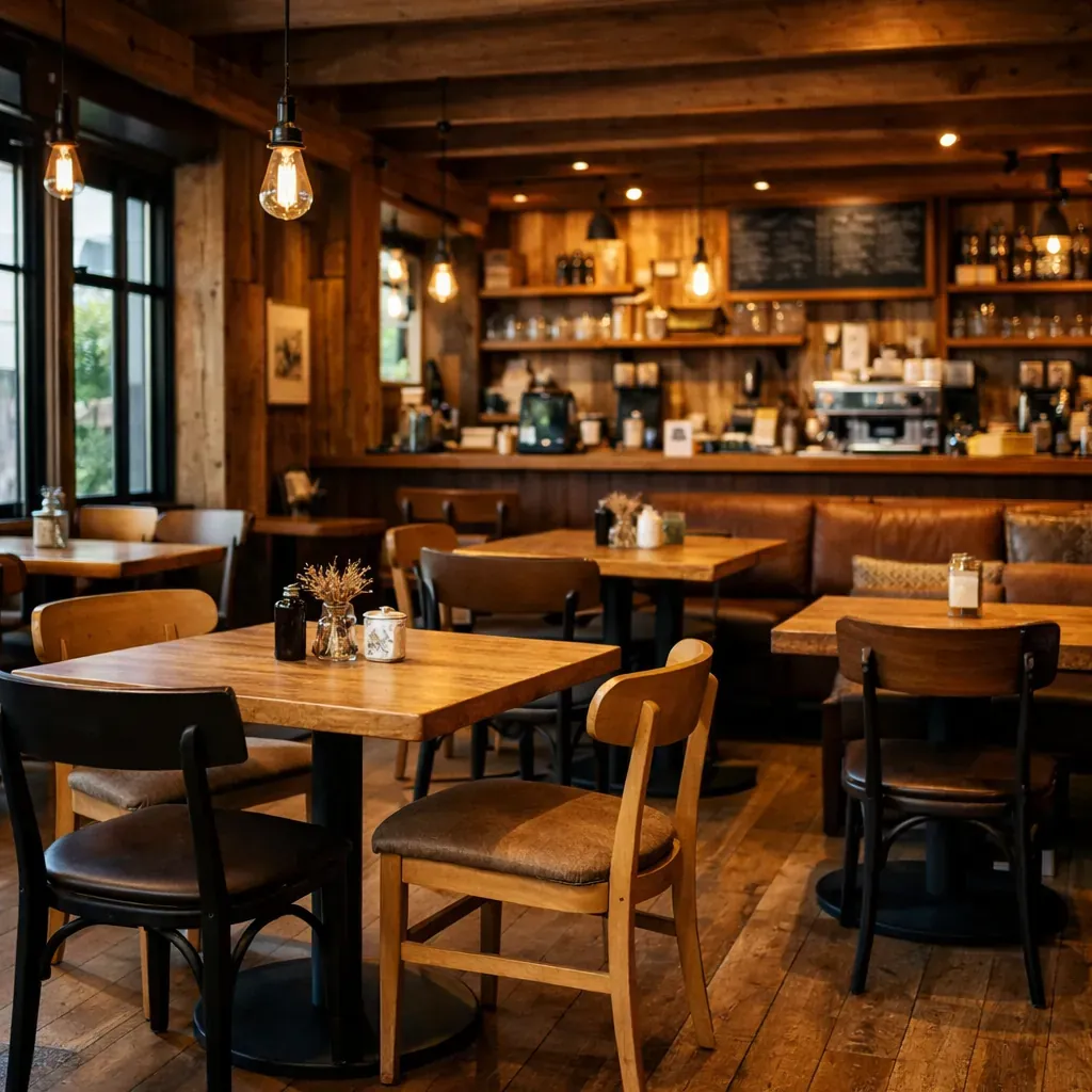 Wooden cafe interior and seating
