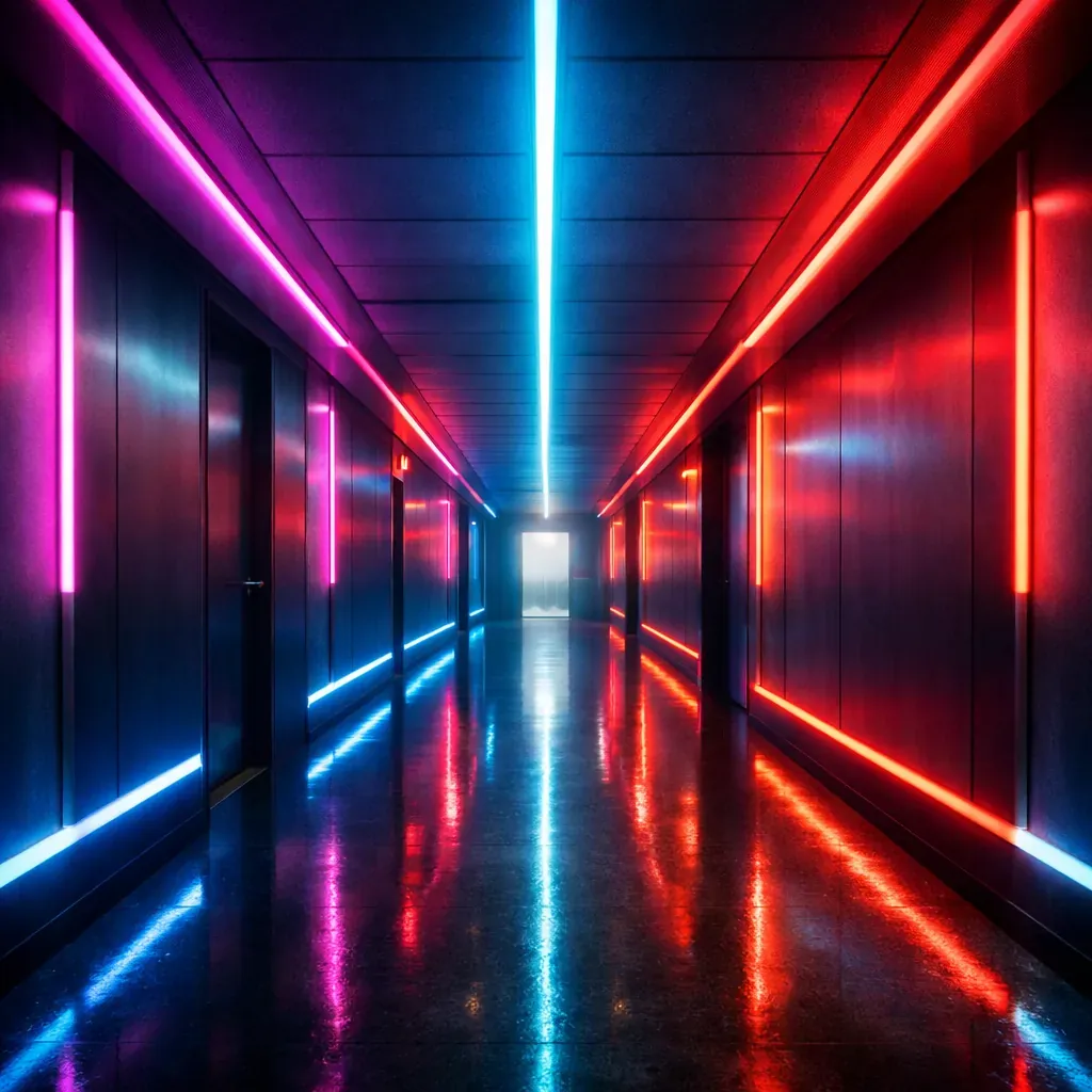 Neon illuminated hallway