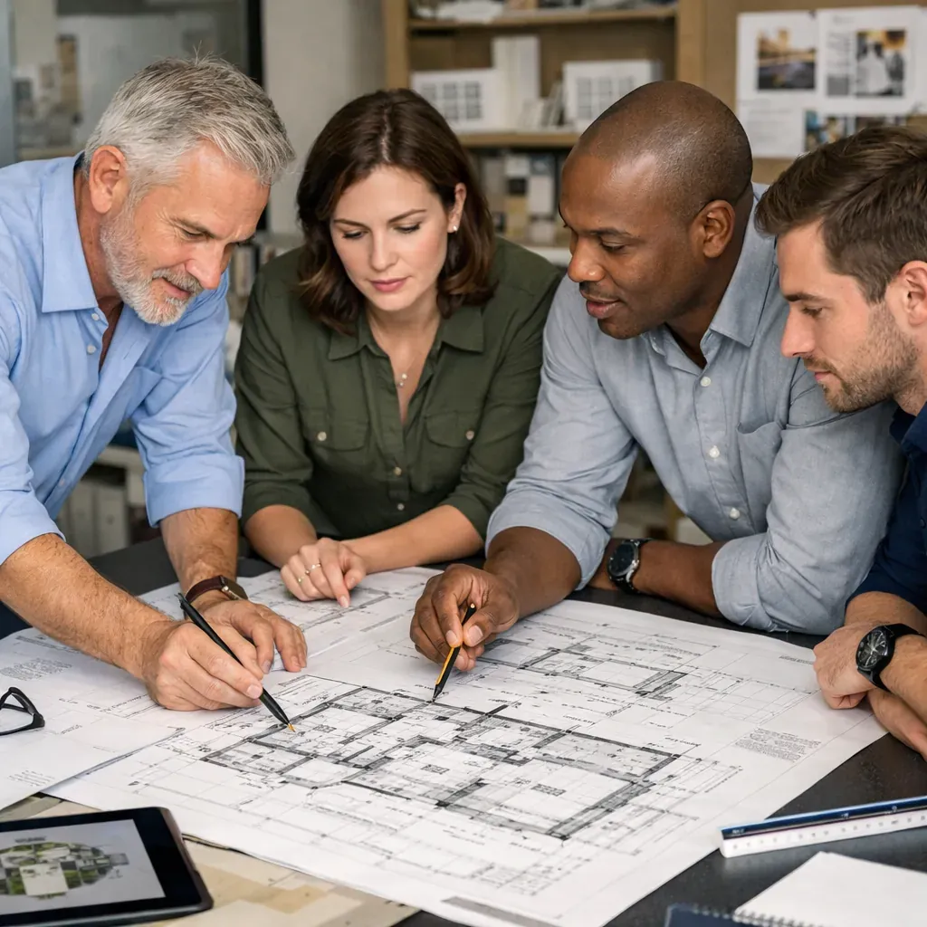 Team reviewing architectural design plans on a table
