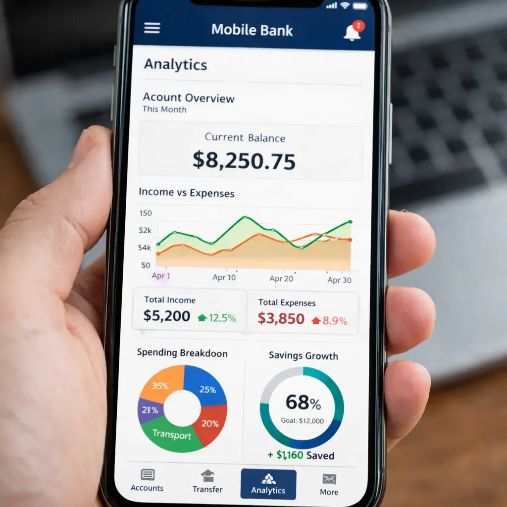 Mobile banking interface showing analytics
