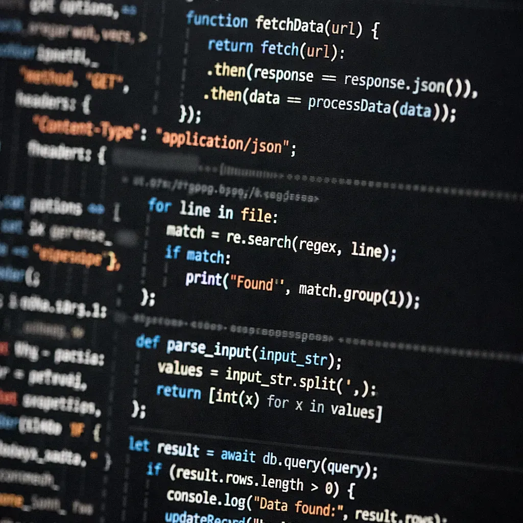 Dark mode code editor interface with colorful syntax