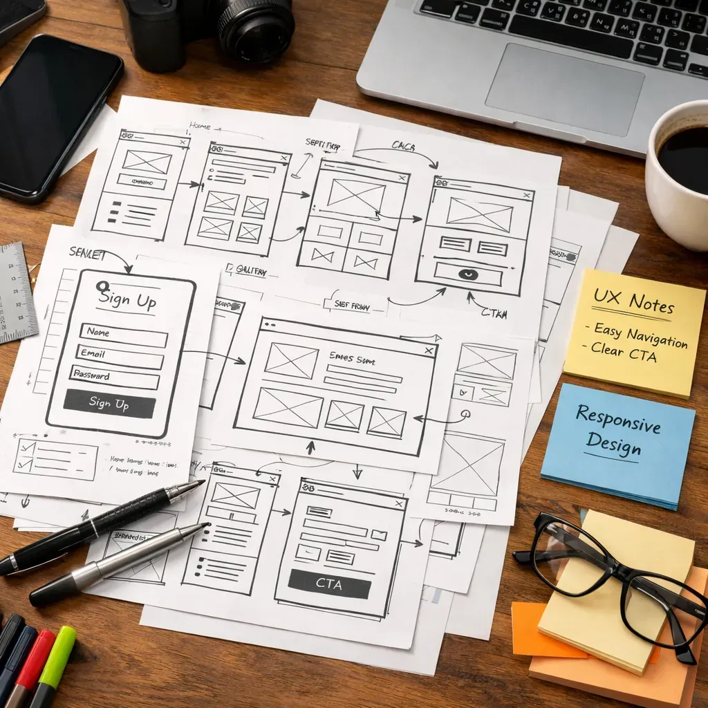 Design sketches and wireframes on a desk