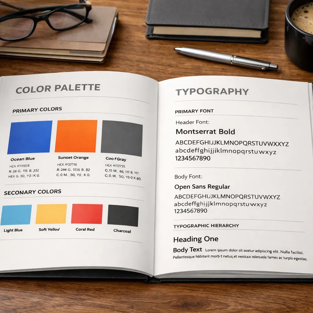 Brand identity guidelines showing color palettes and typography