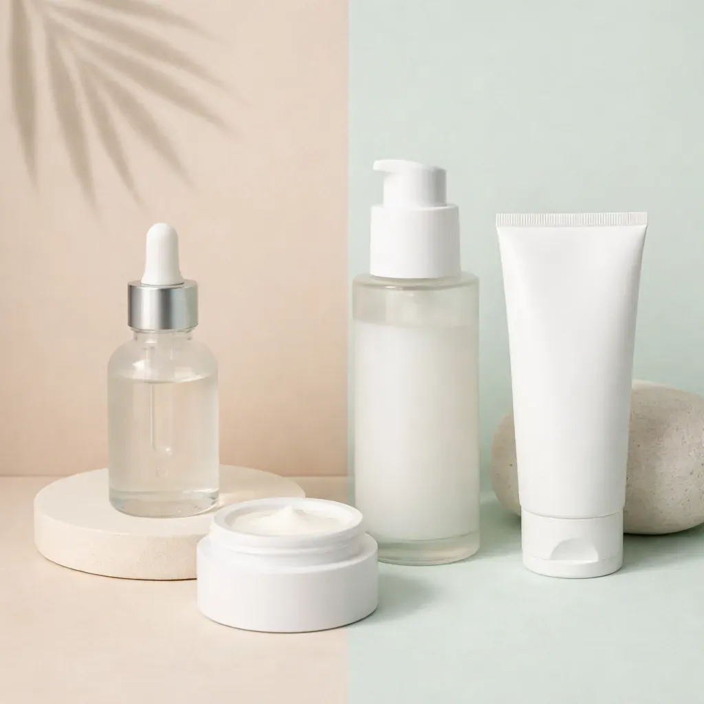Minimalist skincare products on pastel background