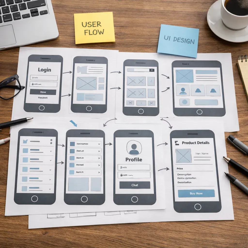 Mobile app wireframes on desk