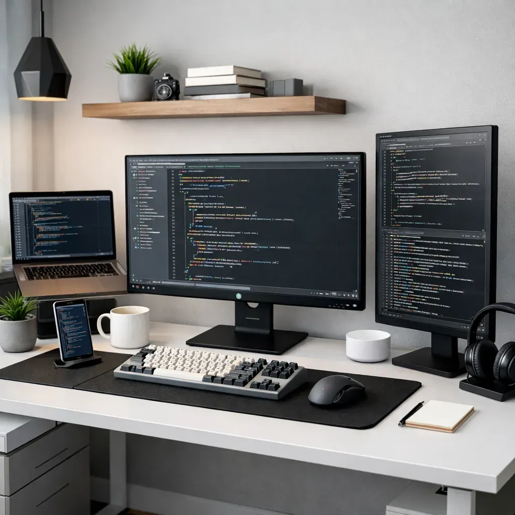 Minimalist tech workspace showing a coding environment