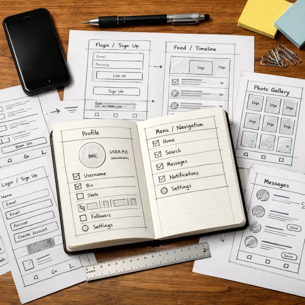 Wireframes and sketches for a mobile application layout