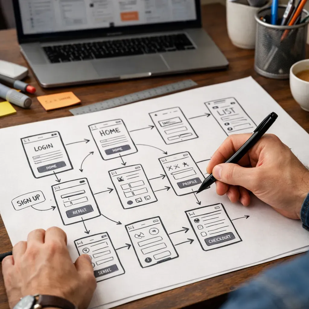 Designer sketching UI flows on paper
