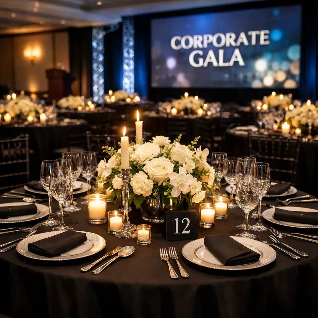 Elegant dining setup for a corporate gala