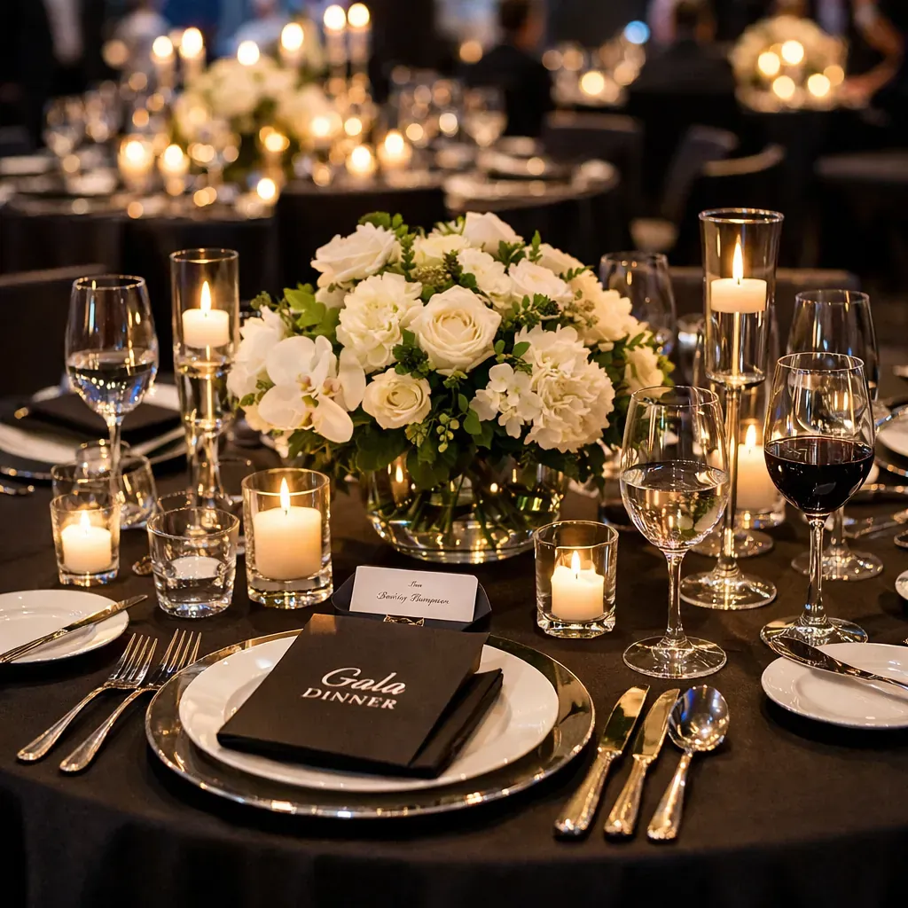 Elegant table setting at a high-end corporate gala dinner