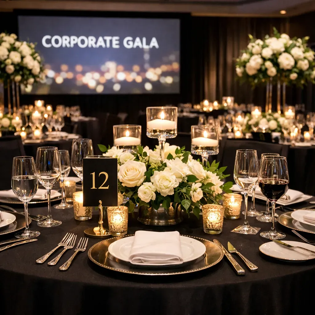 Elegant dining setup for a corporate gala