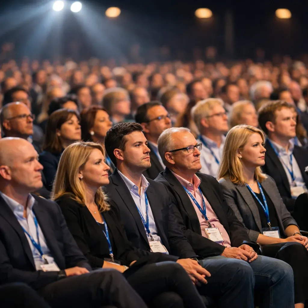 Audience at a large conference glowing under stage lights