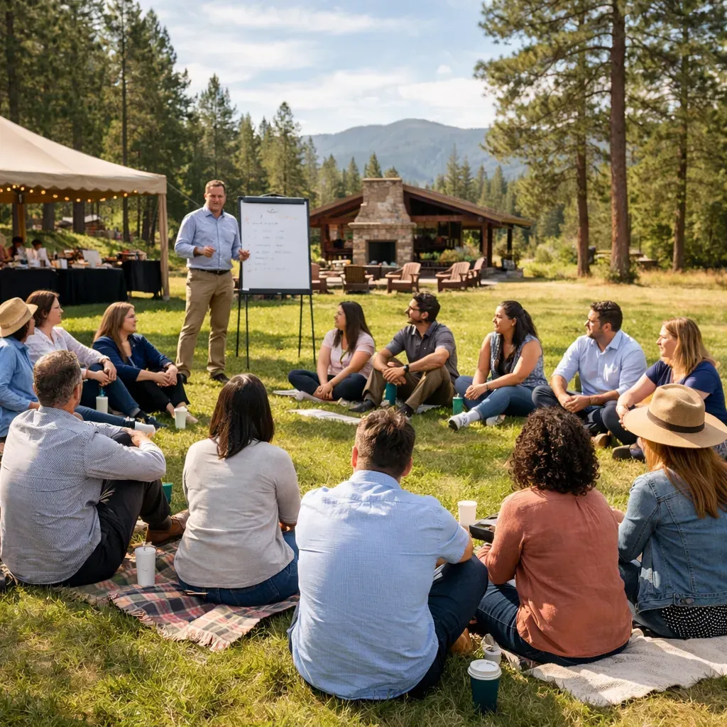 Outdoor corporate retreat with people sitting on grass
