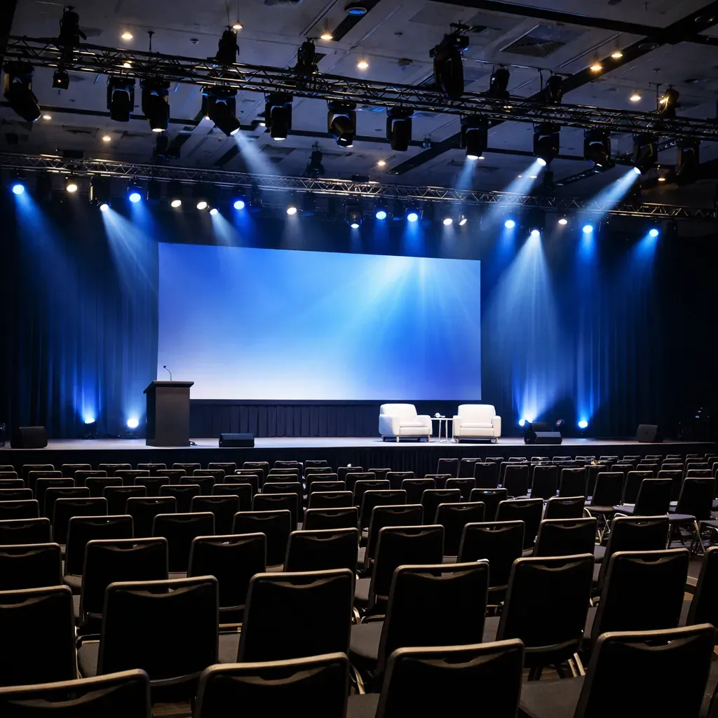 Large conference hall with stage lighting