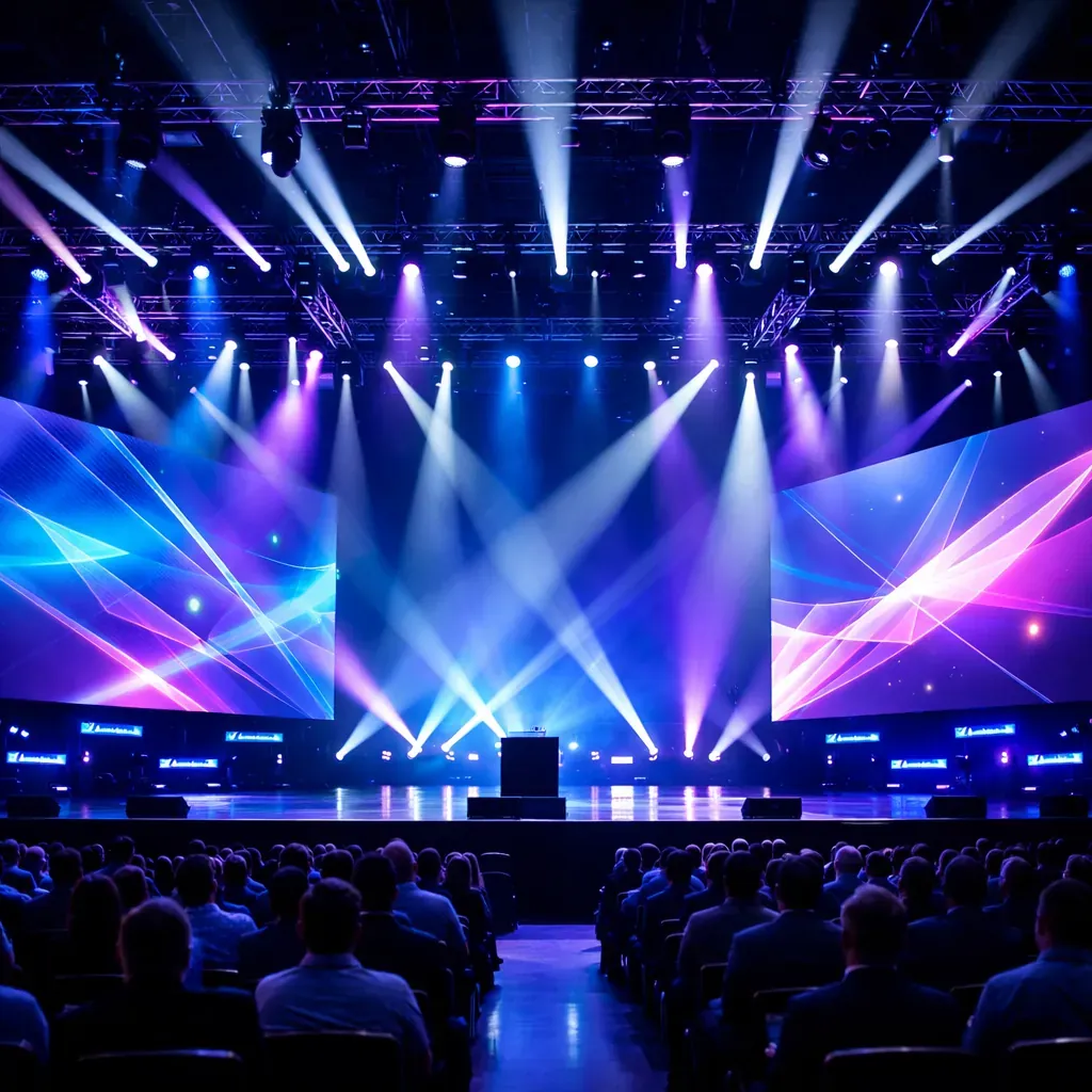 Abstract stage lighting at a large tech conference