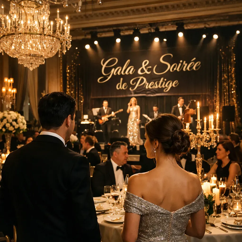 Elegant gala dinner table setting with ambient lighting