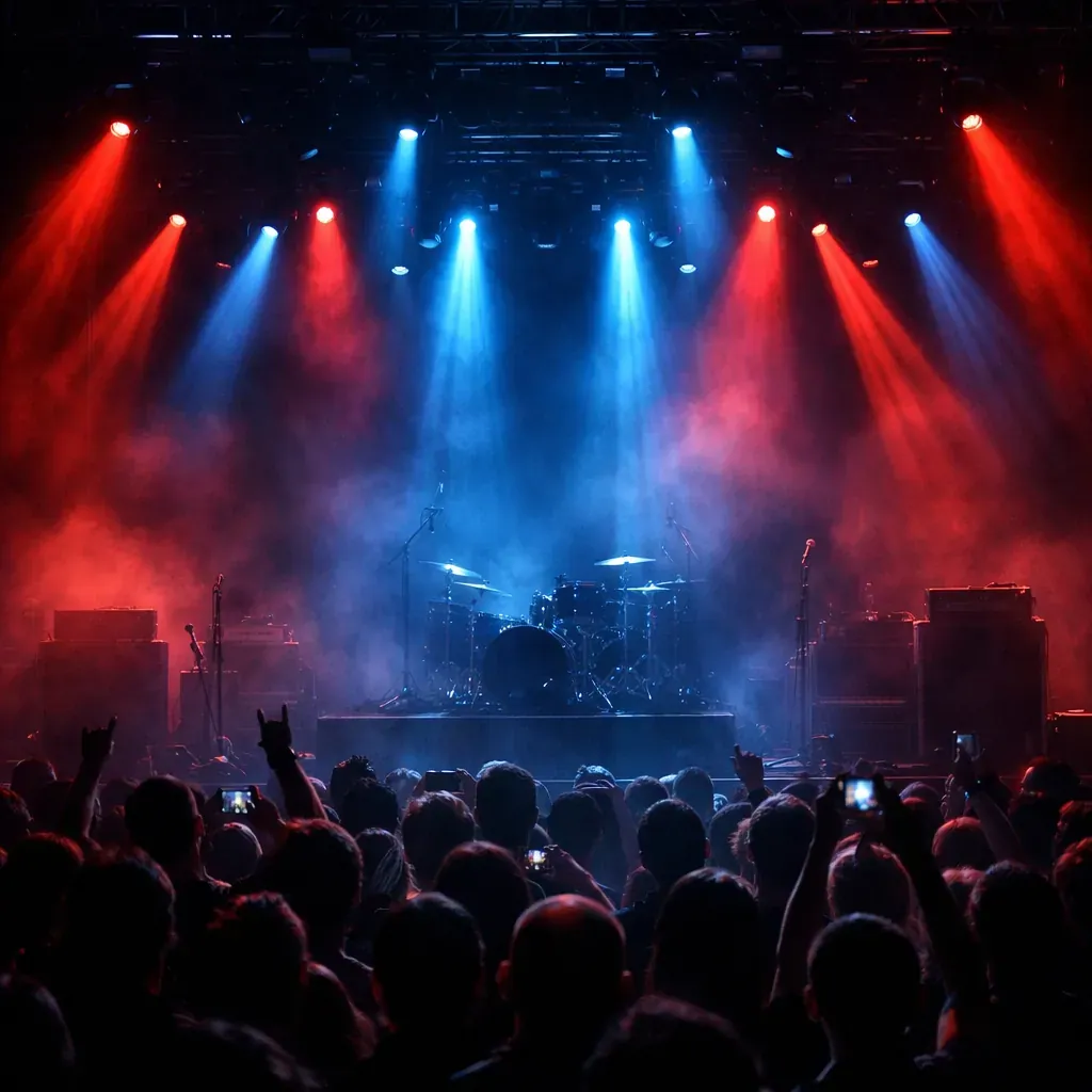 Dark stage with dramatic neon lighting and crowd silhouette