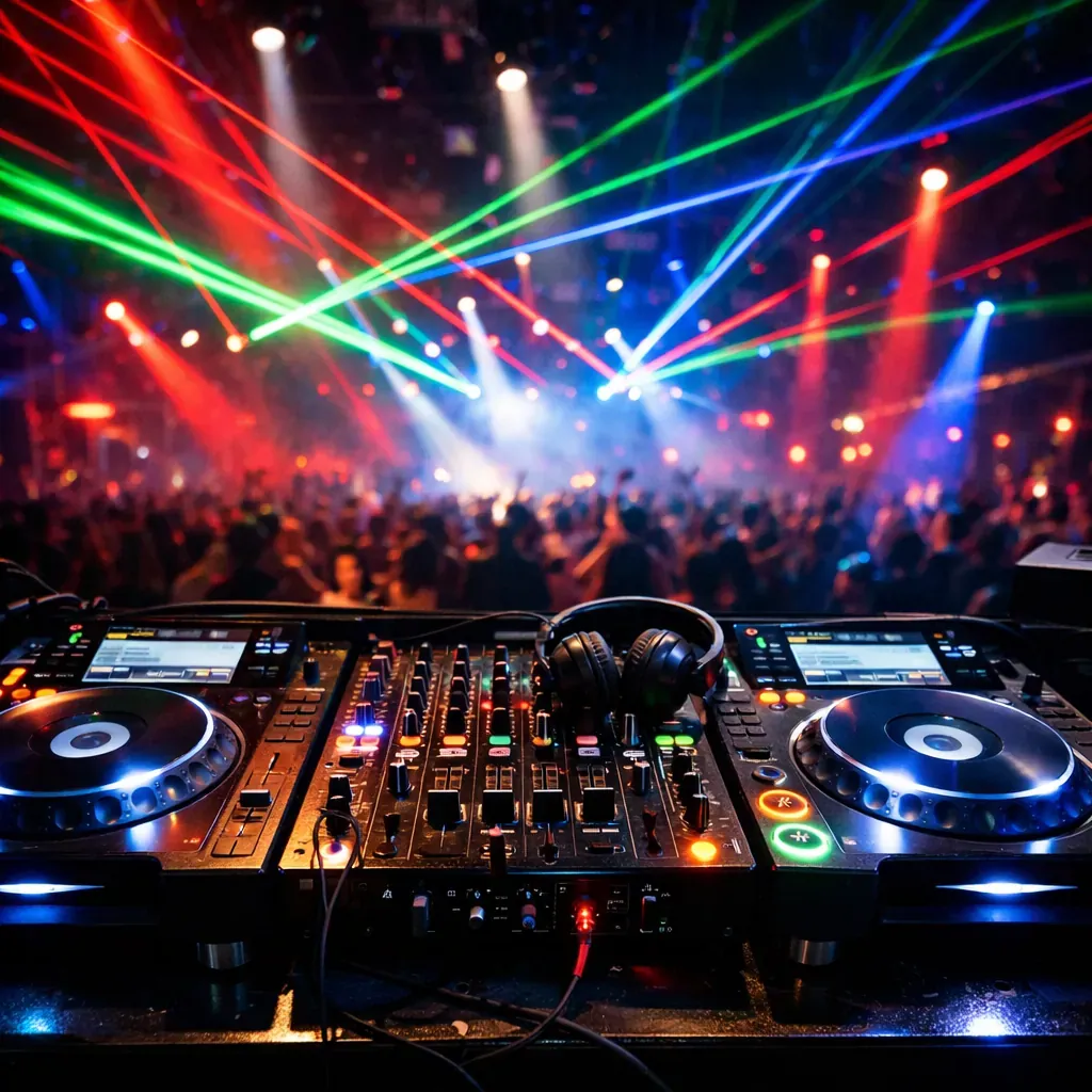 DJ setup with intense club lighting and lasers