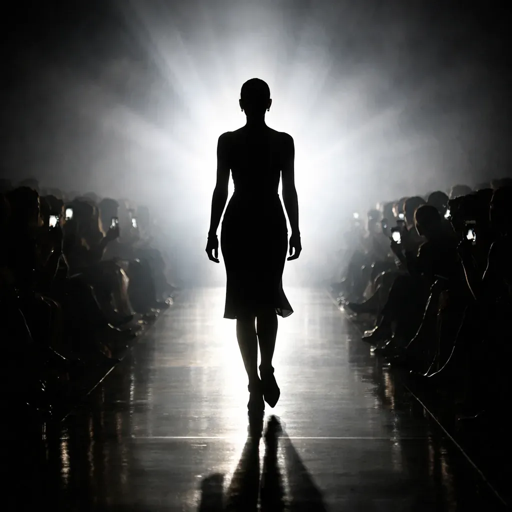 Fashion runway silhouette with dramatic backlighting