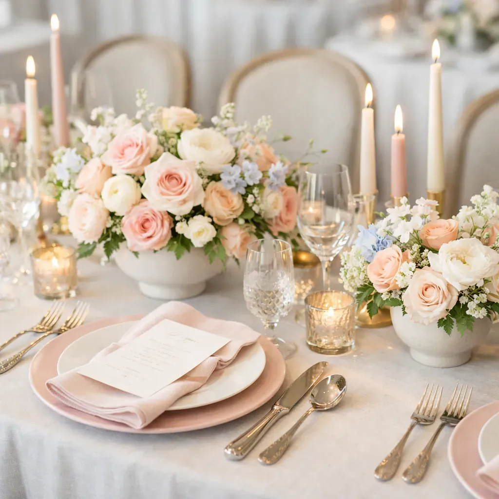 Elegant pastel event table setting with floral arrangements
