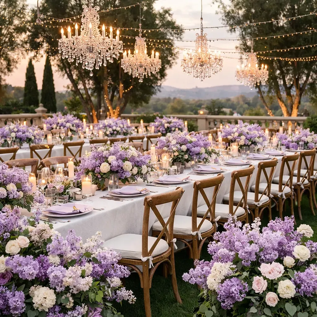 Beautiful outdoor wedding reception with lilac flowers