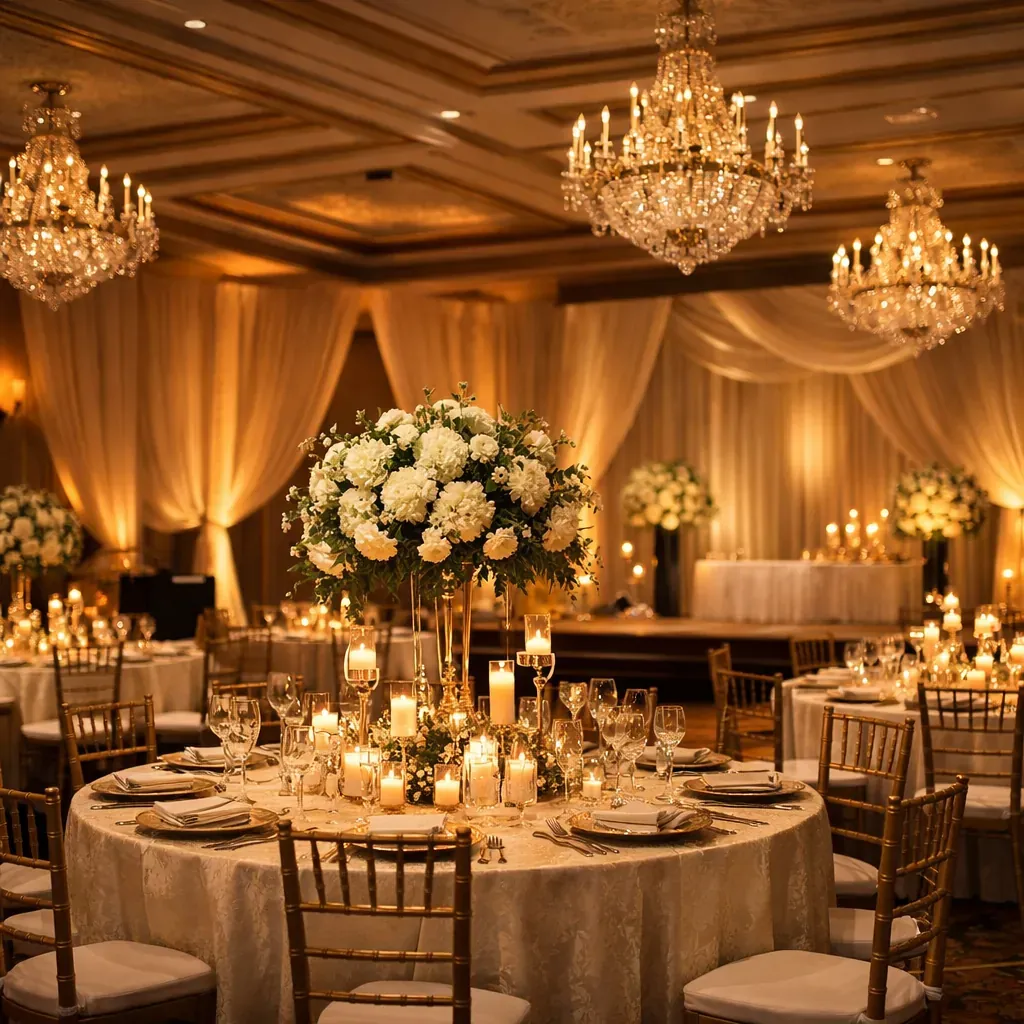 Elegant event hall setup with lighting
