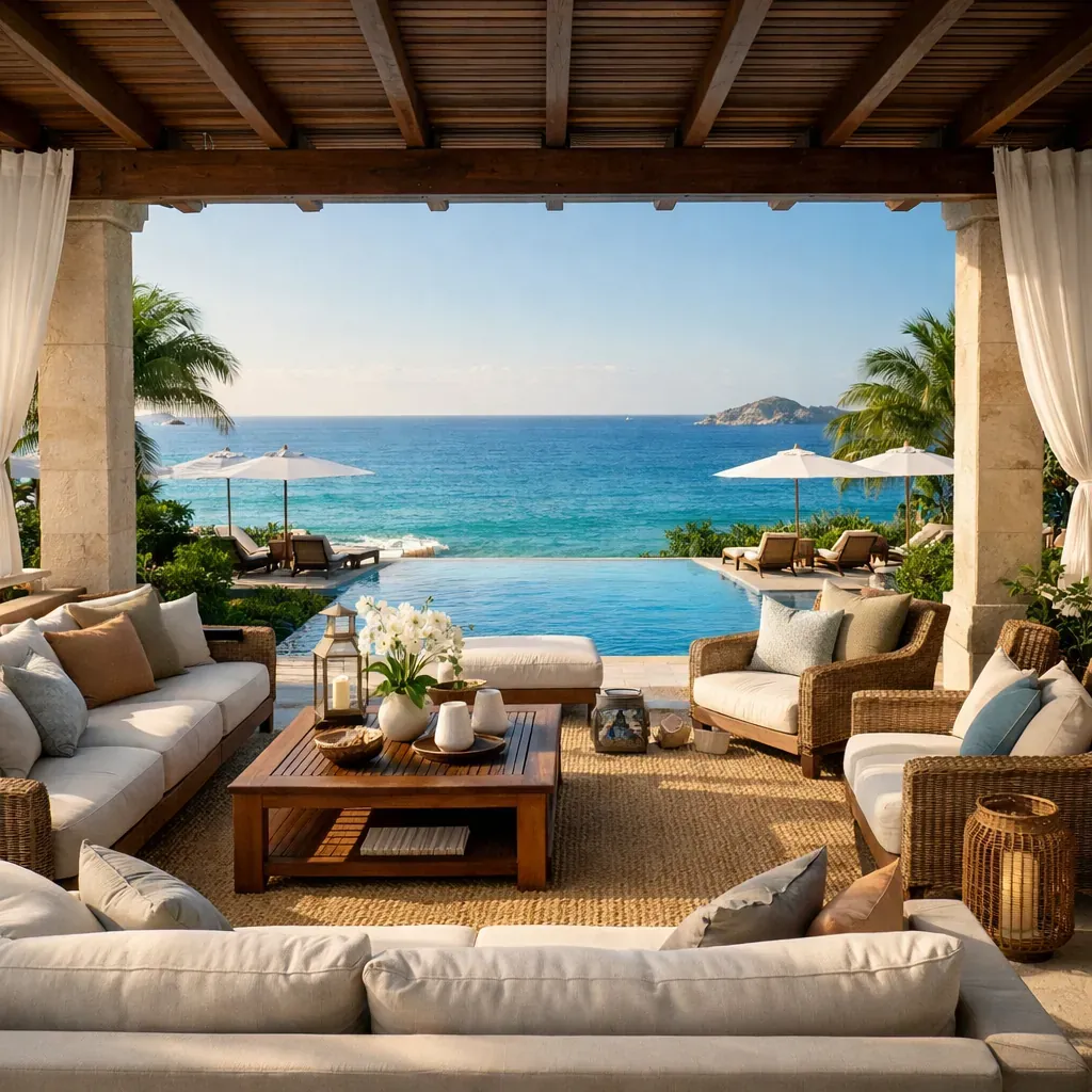 Luxury resort seating area overlooking ocean