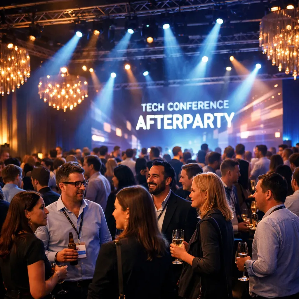 Elegant lighting and crowd at a technology conference afterparty