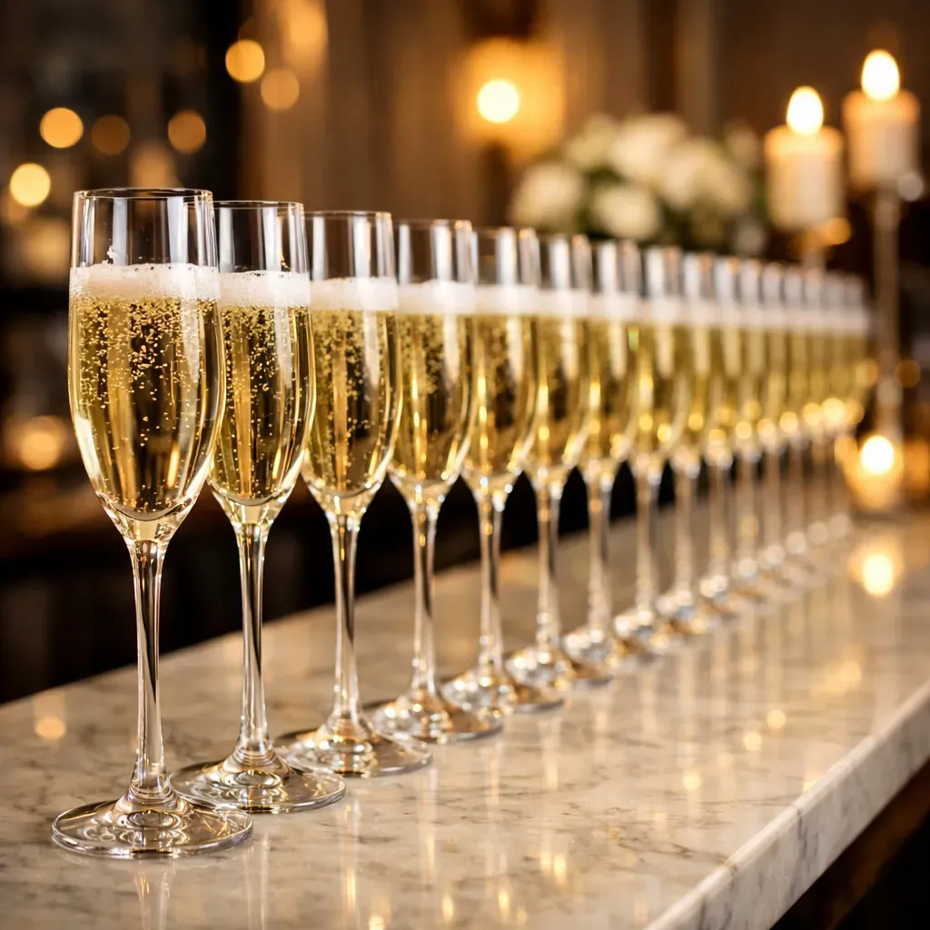 Champagne glasses lined up for a private celebration